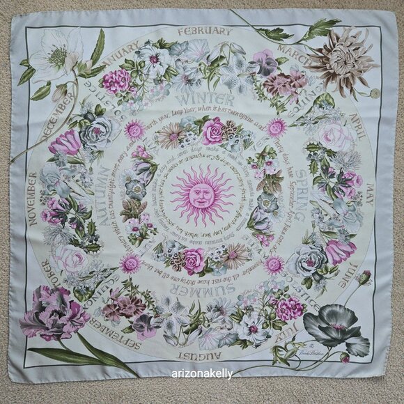 Brooks Brothers Silk Scarf Four Seasons of Flowers Purple Grey - Picture 2 of 16